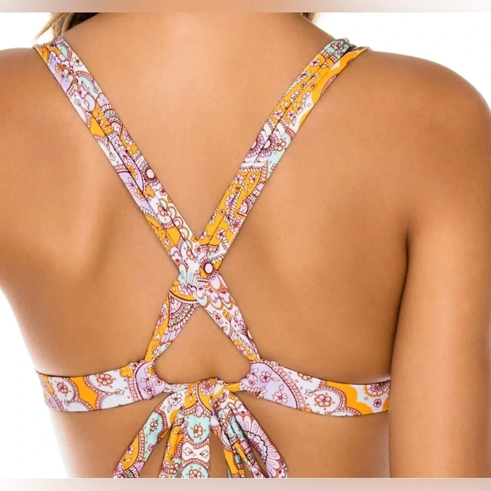 Luli Fama Yellow Alhambra 2 piece Bikini Molded Push Up Bandeau Halter Small